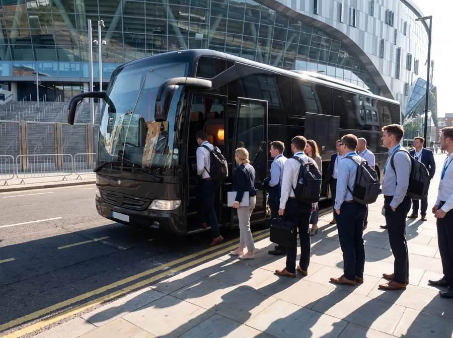 A black executive coach parked at the kerb with its door open on the road outside a large modern glass and steel stadium, a corporate group with lanyards and laptop bags boarding in bright summer sunshine.