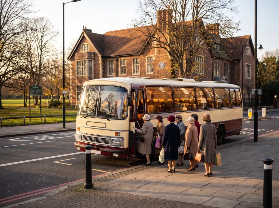 A cream and burgundy coach at the kerb beside Bruce Castle Park in low golden late-afternoon sun, a group of women in party clothes boarding, the Tudor brick manor house and open parkland behind them.