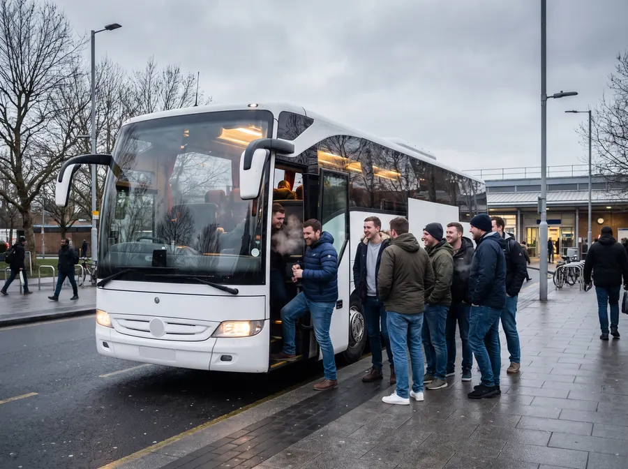 A white touring coach on the forecourt outside Tottenham Hale station on a flat grey winter afternoon, door open and interior lit, a group of young men in casual clothes boarding with their breath showing in the cold.